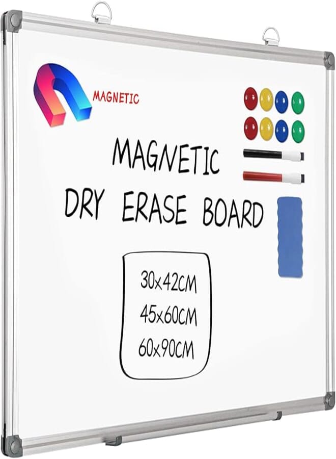 MEETMATE Magnetic Whiteboard, 45x60cm Dry Erase Board Aluminium Frame Wall Mounted White Board with Pen Tray and Accessories, Notices & Reminders Board for Office, Class